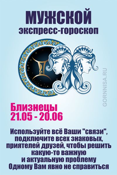 Близнецы 21.05 - 20.06 
Мужской экспресс-гороскоп