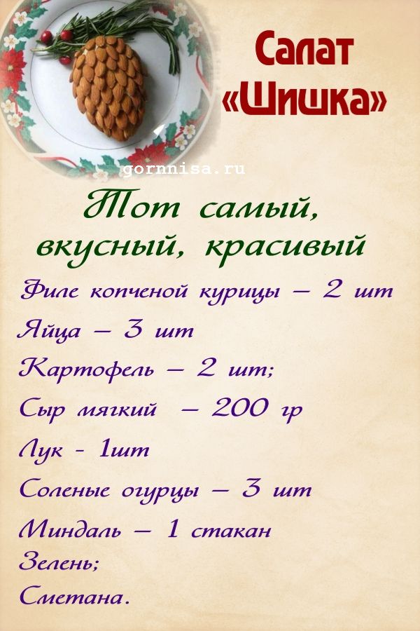 Новогодний слоеный салат «Шишка» с сыром https://gornnisa.ru/ Раскладка на рецепт
